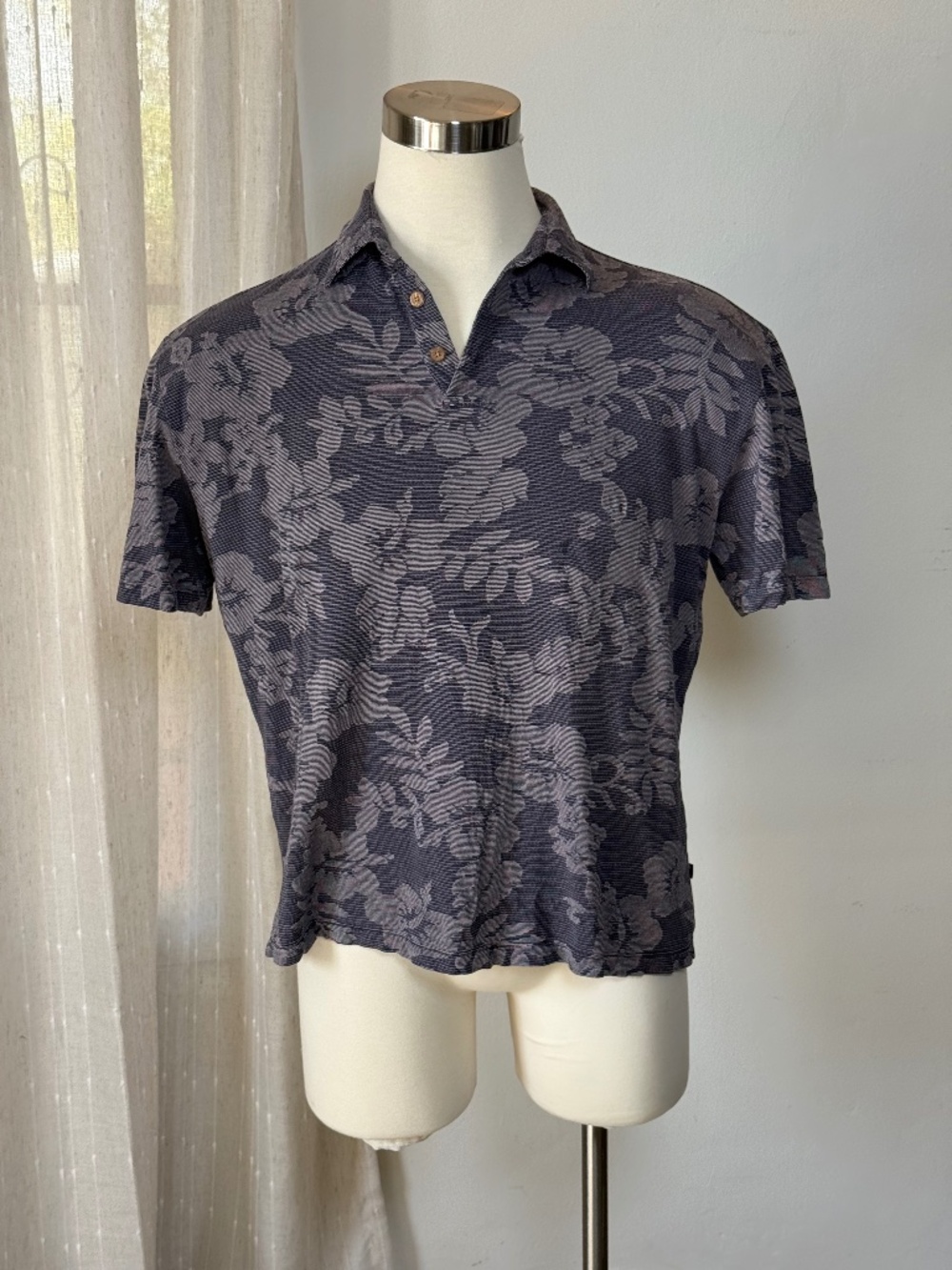 Tommy Bahama Floral Silk Cotton Polo Shirt Men's L Purple Gray Resort